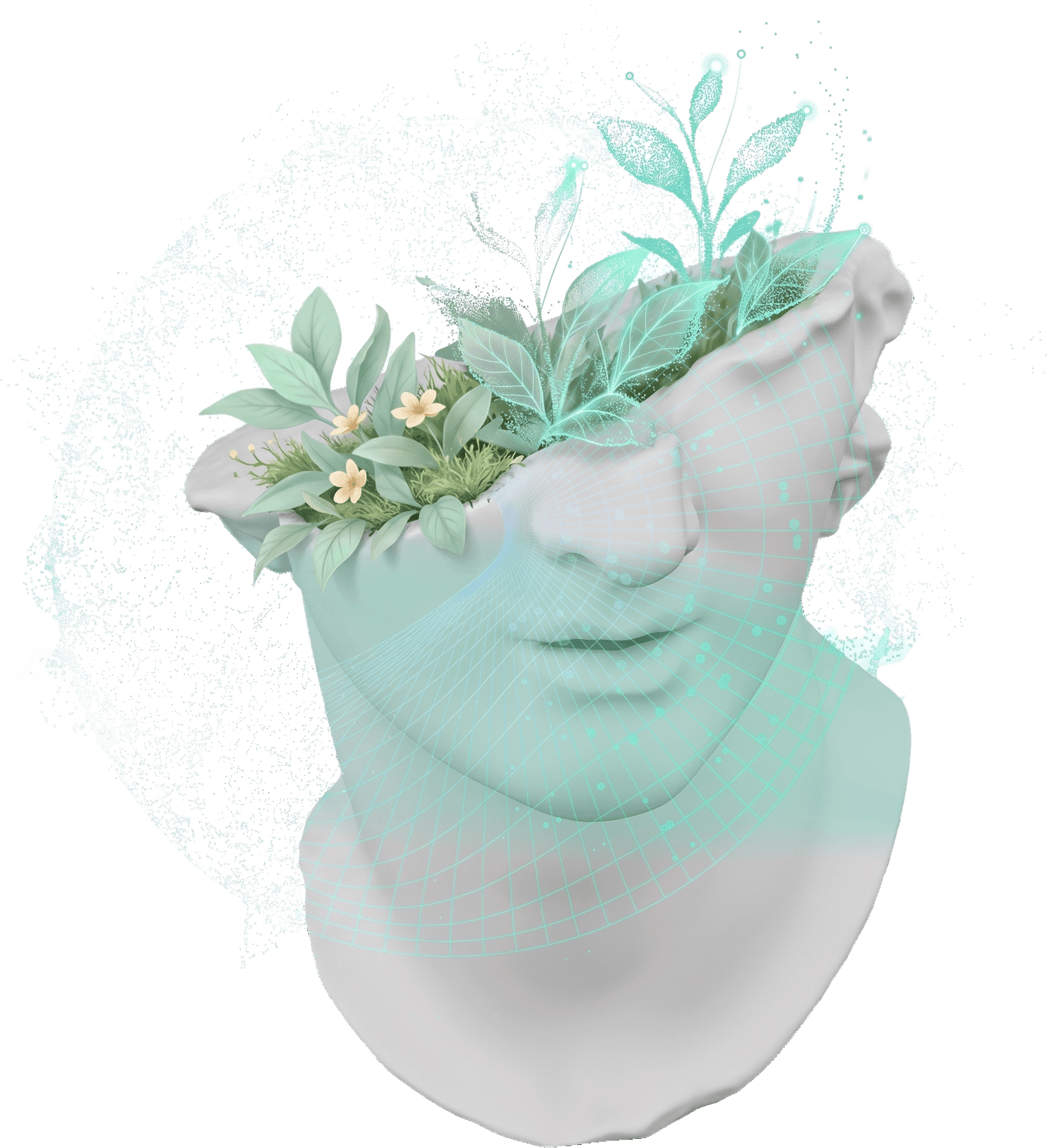 Escultura clásica de la que brotan plantas y flores desde la mente, envuelta en una malla de datos color menta: criterio humano e inteligencia artificial trabajando juntos.
